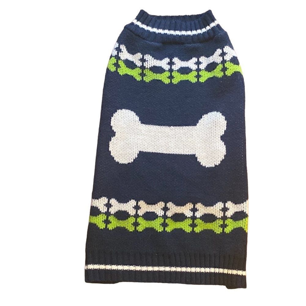 Navy blue dog sweater with white bone and Green bone trim XL